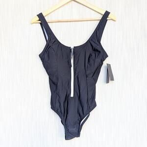 NWT Tommy Hilfiger Navy Over The Shoulder Half Zip One Piece Swimsuit, Size M